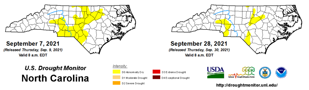 A comparison of drought maps from September 7 and 28, 2021, in North Carolina