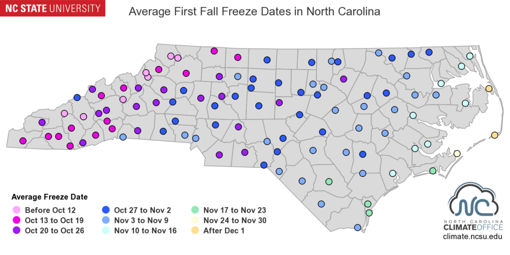 A map of average first fall freeze dates for weather stations across North Carolina.