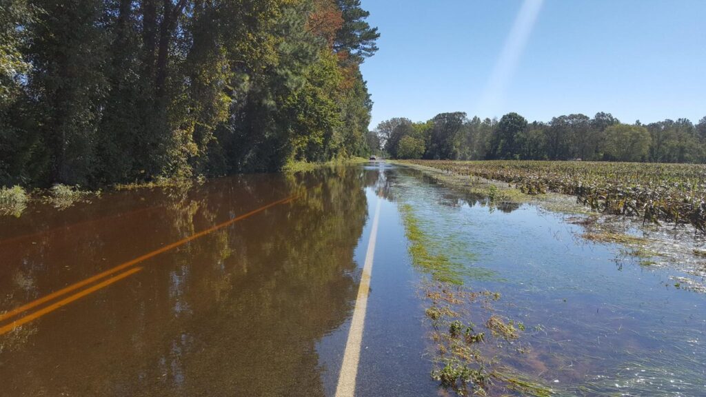 A photo of a flooded road in Bladen County, NC