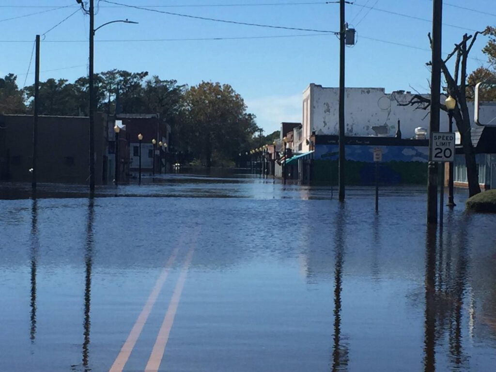 A photo of a flooded road in Fair Bluff, NC