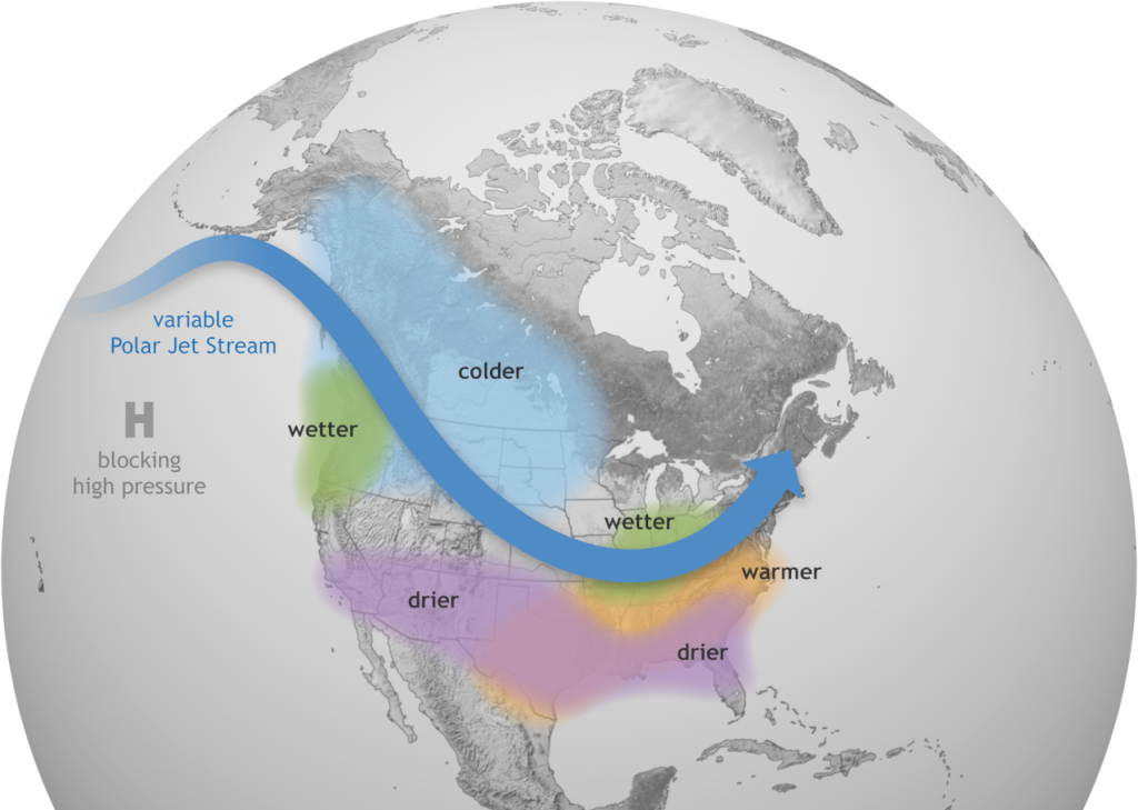 A globe showing typical La Niña effects in winter in North America, including warmer and sometimes drier weather in North Carolina