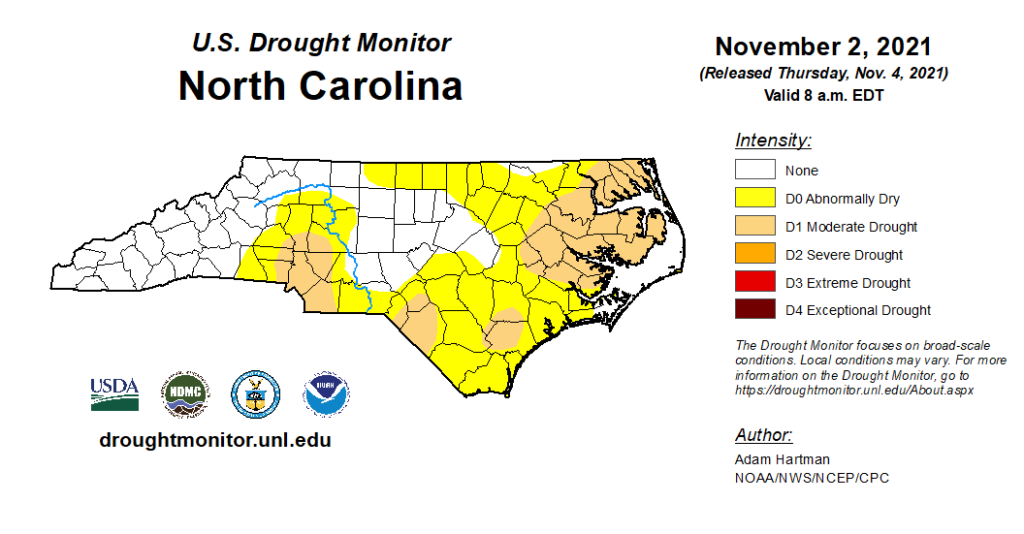 The US Drought Monitor map for North Carolina on November 2, 2021
