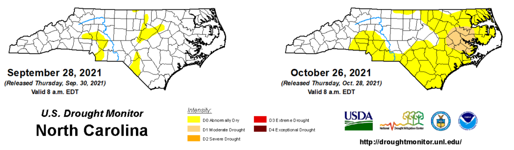 A comparison of drought maps from September 28 and October 26, 2021, in North Carolina