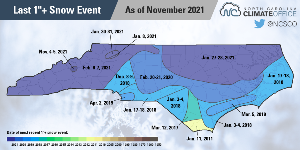 A map of the most recent snow event bringing at least 1 inch to parts of North Carolina