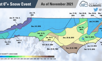A map of the most recent snow event bringing at least 6 inches to parts of North Carolina