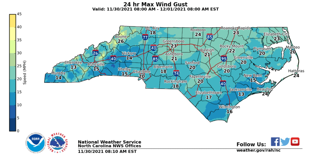 A map of forecasted maximum wind gusts in North Carolina on November 30, 2021