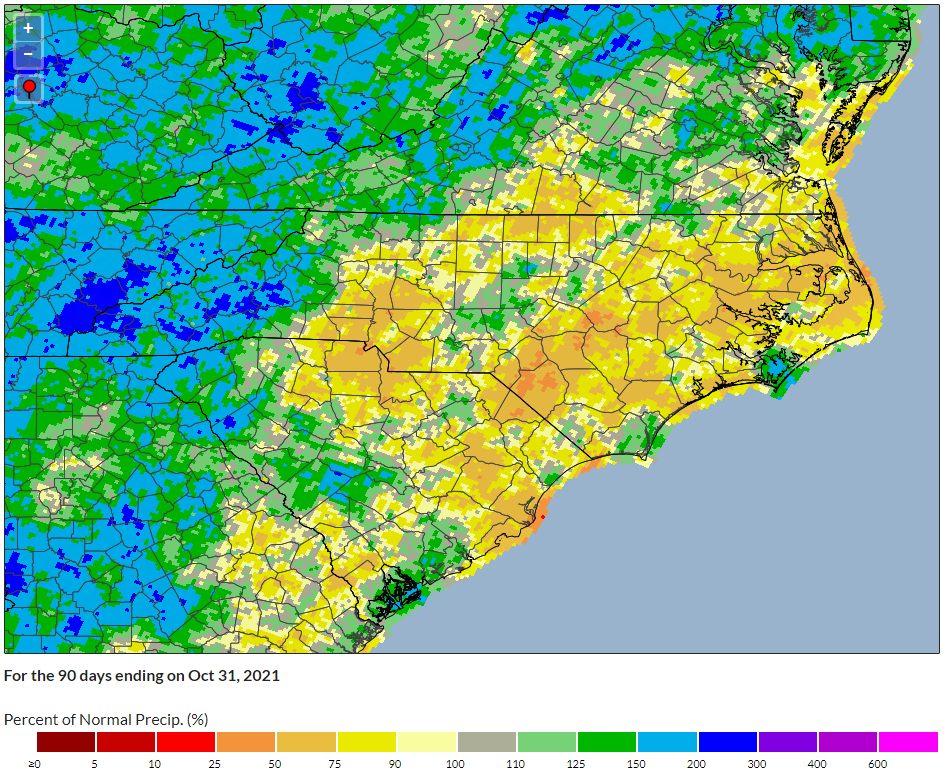 A map of percent of normal precipitation over the 90 days ending on October 31, 2021