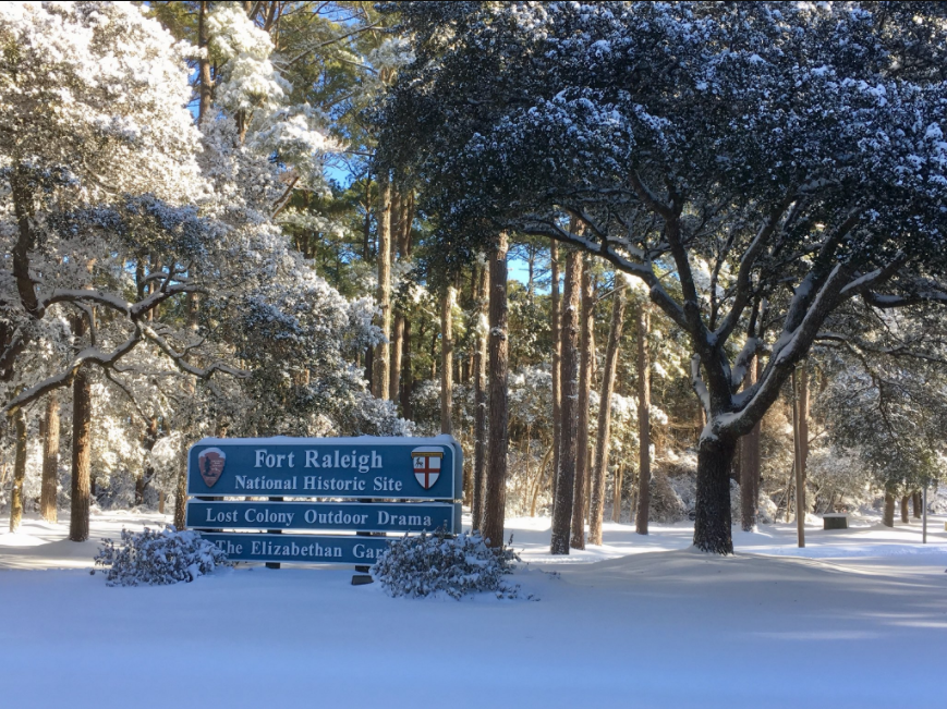 A photo of snow at the Fort Raleigh National Historic Site in Manteo on January 18, 2018