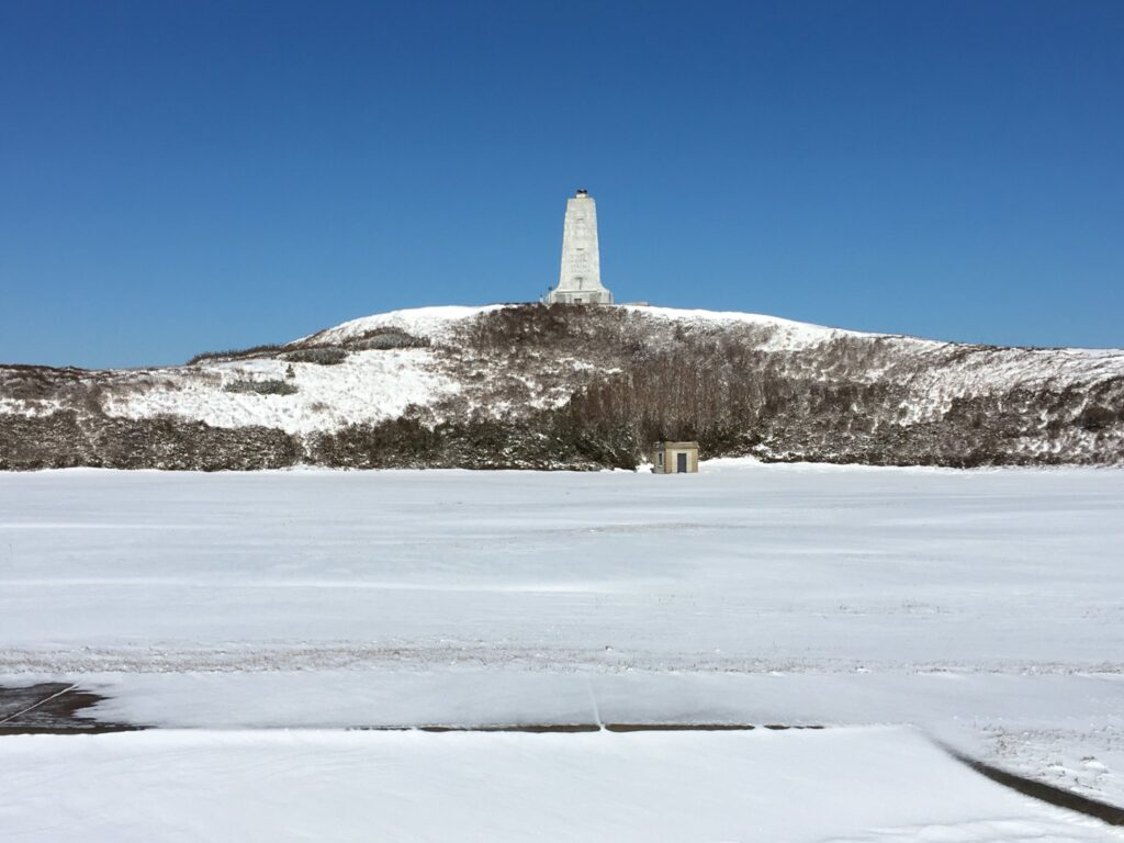 A photo of snow at the Wright Brothers National Monument from January 2018