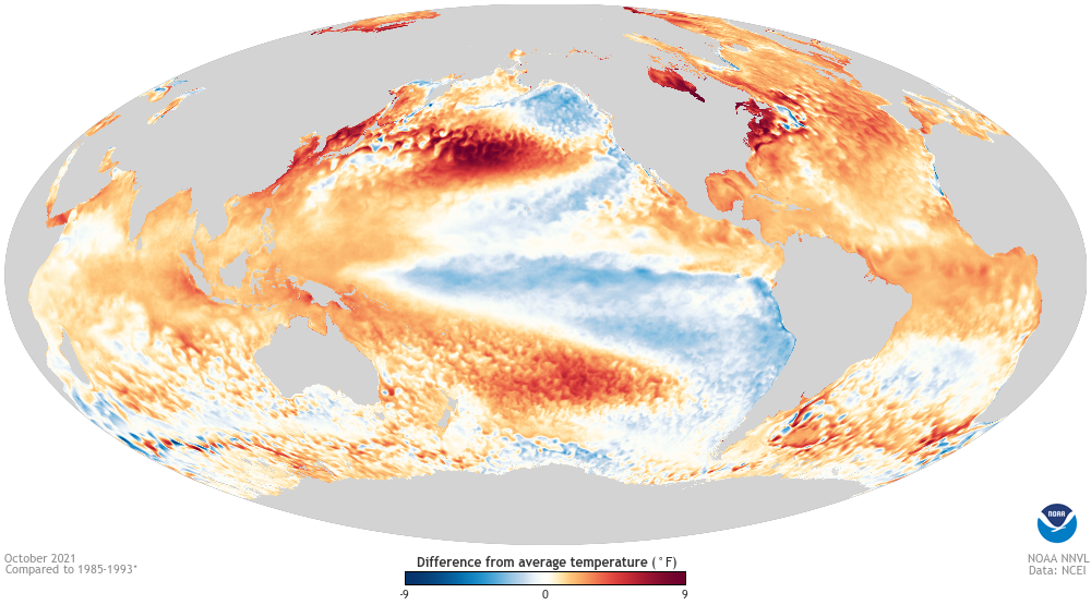 A map of global sea surface temperature anomalies in October 2021