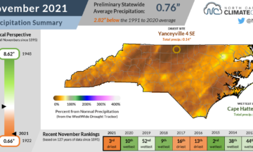 The November 2021 precipitation summary infographic, highlighting the monthly average temperature, departure from normal, and comparison to historical and recent years