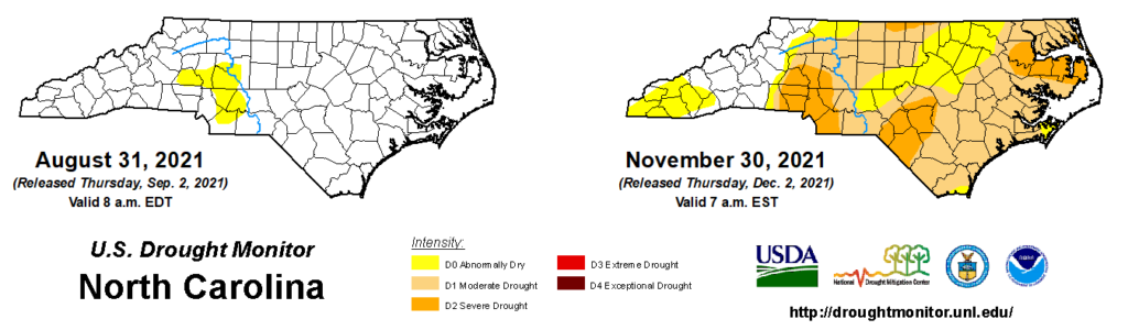 A comparison of drought maps from August 31 and November 30, 2021, in North Carolina