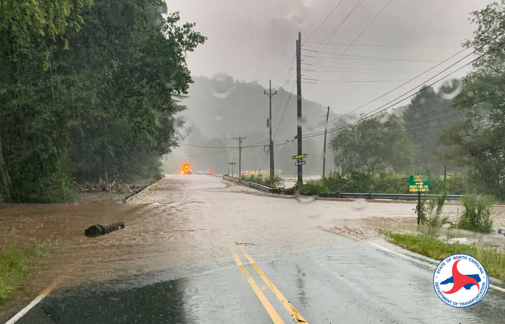 A photo of road flooding in Transylvania County after Tropical Storm Fred