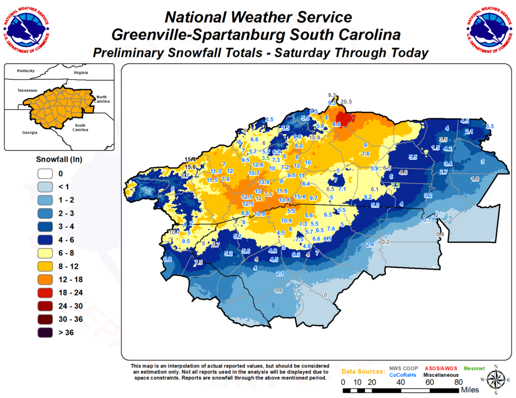 A map of snow totals in western North Carolina from January 16