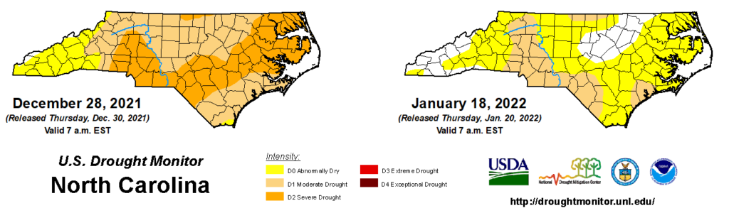 A comparison of drought maps from December 28, 2021, and January 18, 2022, in North Carolina