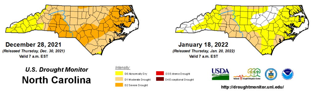 Comparison of drought maps from December 28, 2021 and January 18, 2022, in North Carolina