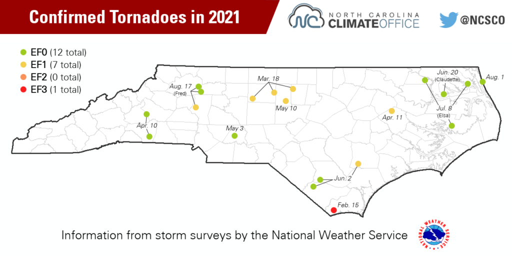 A map showing the locations of North Carolina's 20 confirmed tornadoes in 2021