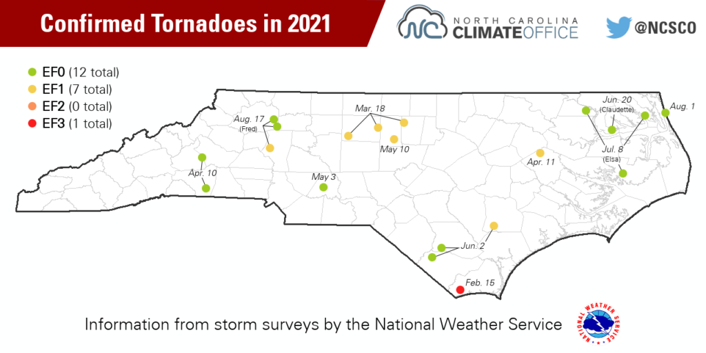 Map showing the locations of 20 confirmed tornadoes in North Carolina in 2021