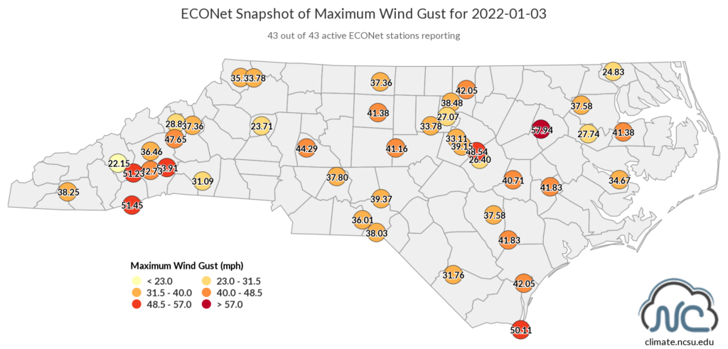 A map of maximum wind gusts from NC ECONet stations on January 3, 2022