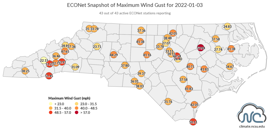 Map of maximum gusts from NC ECONet stations on January 3, 2022