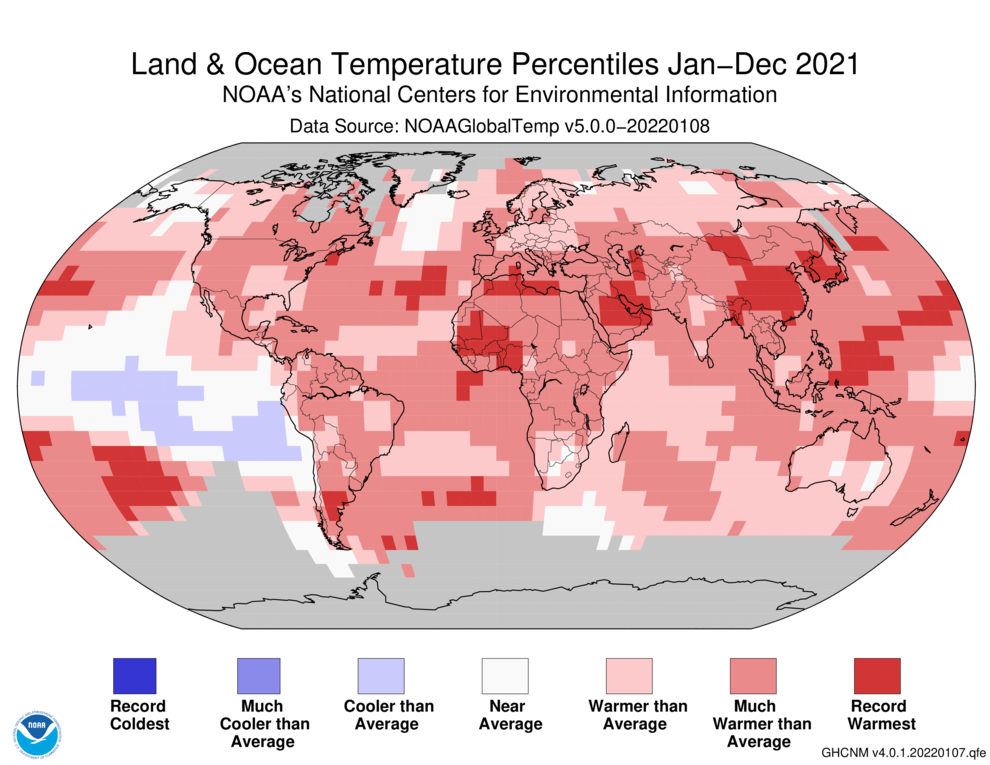 A map of global temperature rankings for 2021