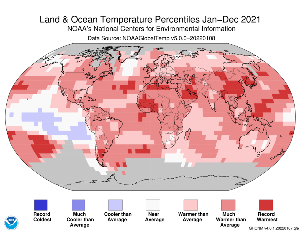 Global temperature ranking map for 2021