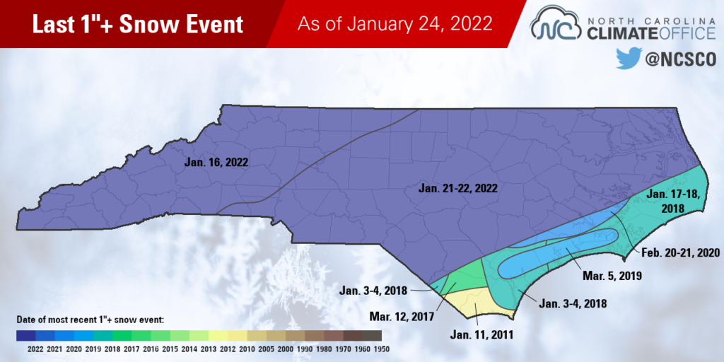 Map of the most recent snow event bringing at least 1 inch to parts of North Carolina