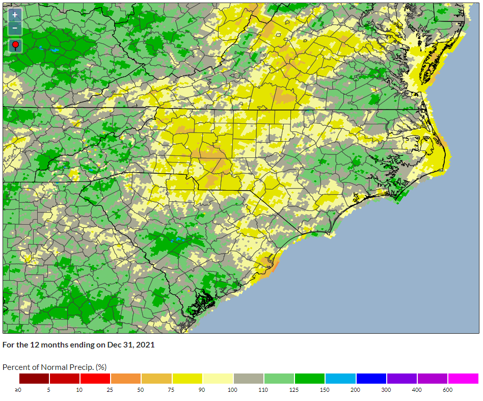 A map of percent of normal precipitation in 2021