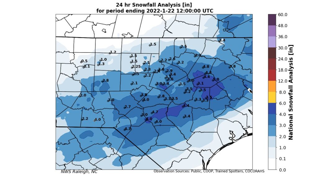 A map of snow totals across central North Carolina from January 22, 2022