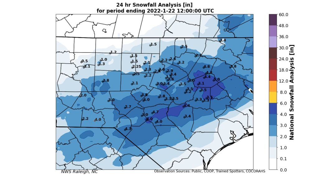 Snow total map across central North Carolina as of January 22, 2022