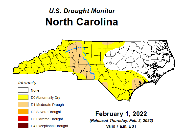 The US Drought Monitor map for North Carolina on February 1, 2022