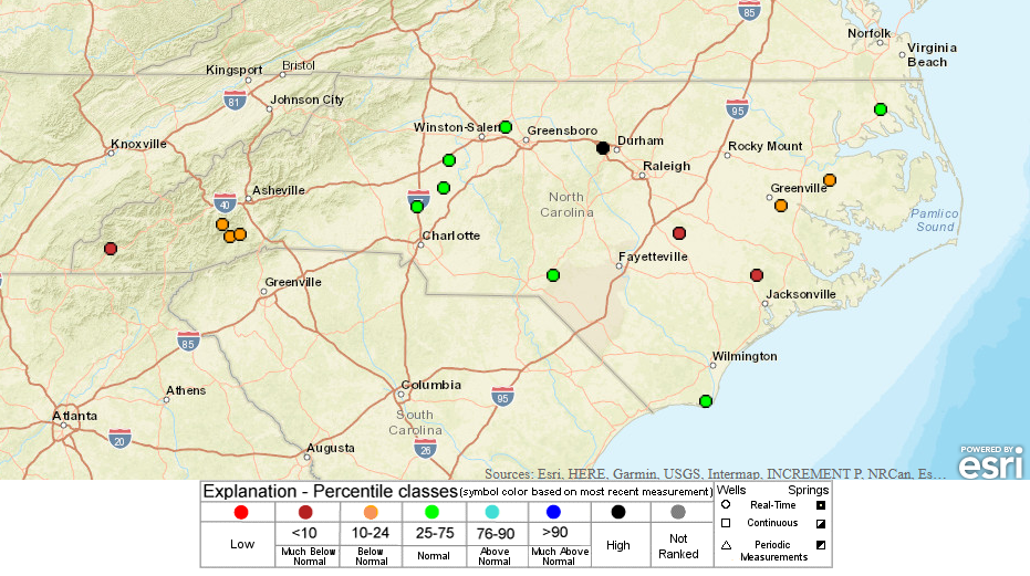 A map of groundwater levels across North Carolina from February 2, 2022