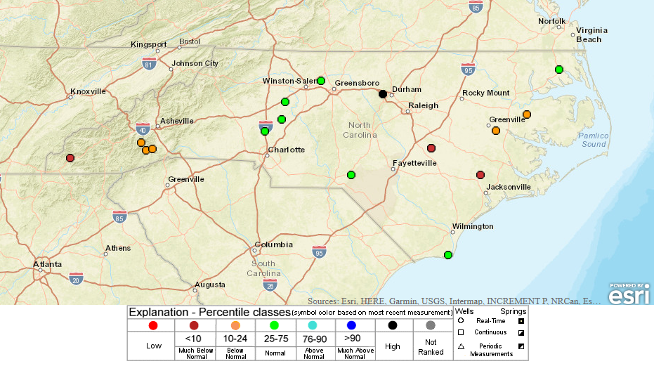 Groundwater map across North Carolina from February 2, 2022