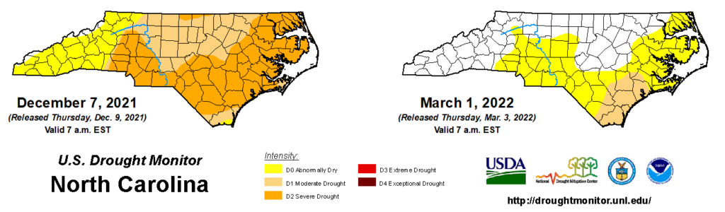 A comparison of drought maps from December 7, 2021, and March 1, 2022, in North Carolina