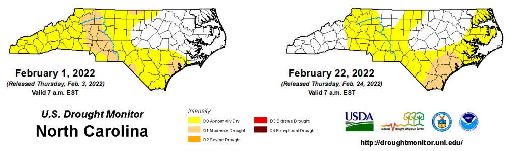 A comparison of drought maps from February 1 and 22, 2022, in North Carolina