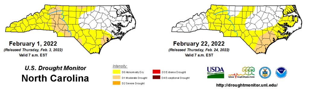 Comparison of drought maps from February 1 and 22, 2022, in North Carolina