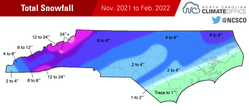 Map of total snowfall in North Carolina from November 2021 to February 2022