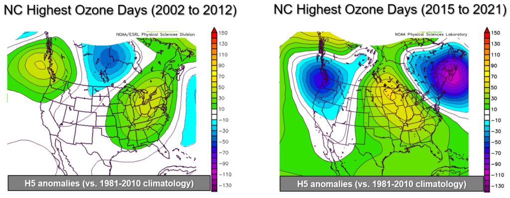 Maps comparing the upper-level atmospheric patterns yielding our highest ozone days in recent decades
