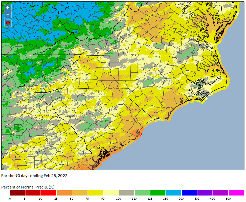 Percentage map of normal precipitation from December 2021 to February 2022