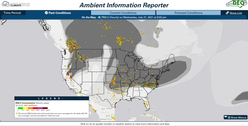 A screenshot of the AIR tool showing fire and smoke analysis across North America on July 21, 2021