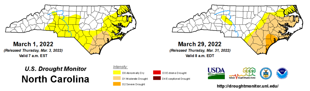 A comparison of drought maps from March 1 and March 29, 2022, in North Carolina