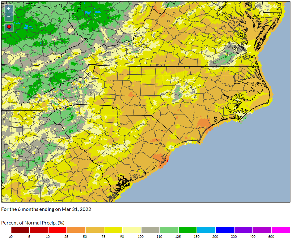 A map of percent of normal precipitation for the 6 months ending on March 31, 2022