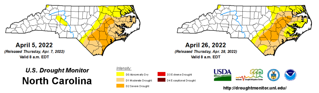 A comparison of drought maps from April 5 and 26, 2022, in North Carolina