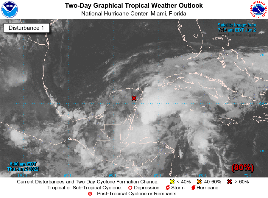 Satellite image of tropical disturbances in the Gulf of Mexico