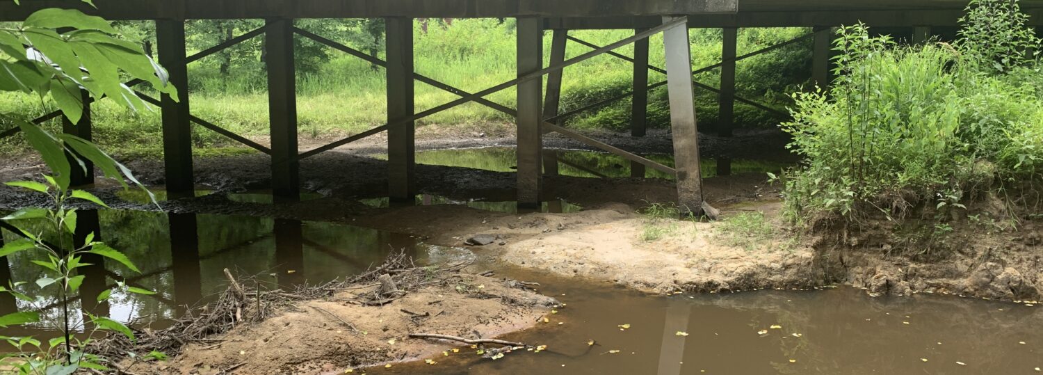 A photo of low water levels at Pig Basket Creek in Nash County