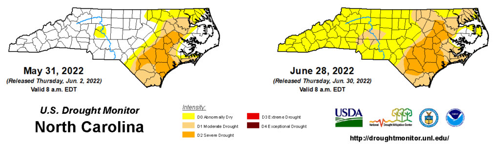 A comparison of drought maps from May 31 and June 28, 2022, in North Carolina