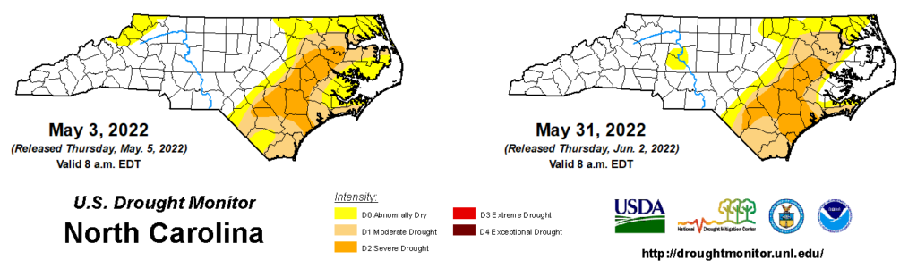 A comparison of drought maps from May 3 and May 31, 2022, in North Carolina