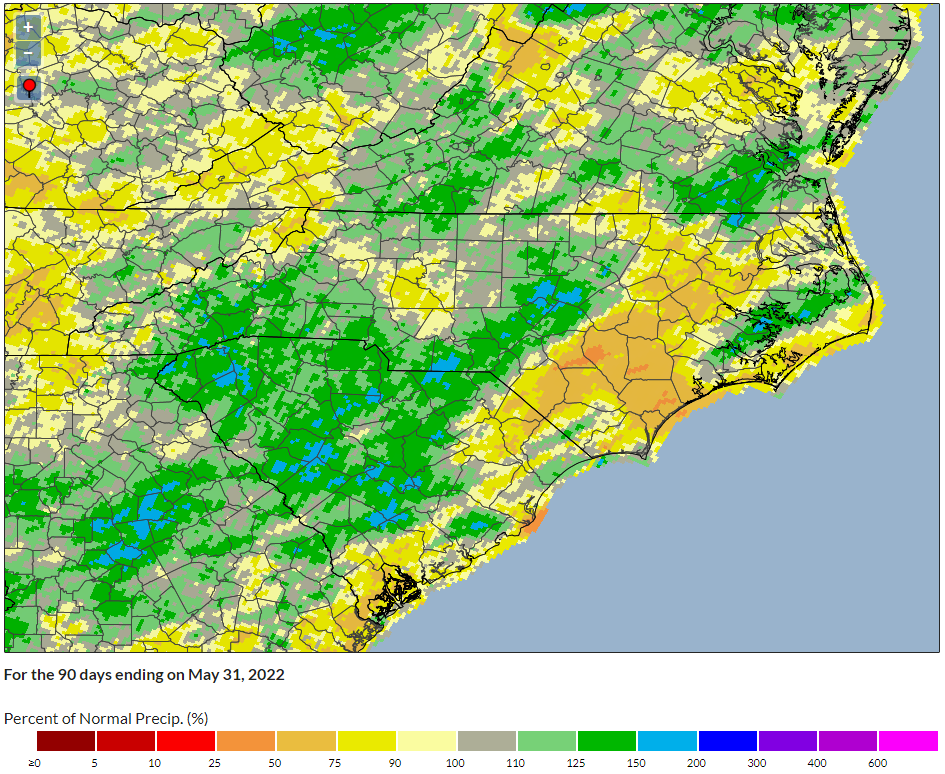 Percentage map of normal rainfall for 90 days ending May 31, 2022