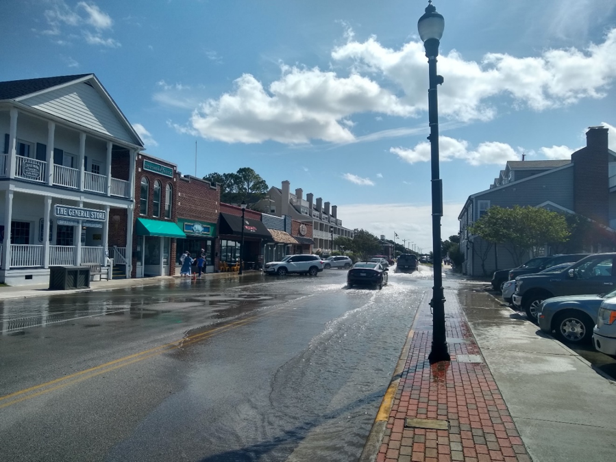 A photo of sunny-day flooding in the town of Beaufort