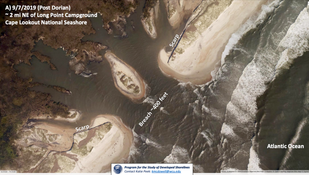A satellite image of a breach on Cape Lookout National Seashore after Hurricane Dorian in 2019